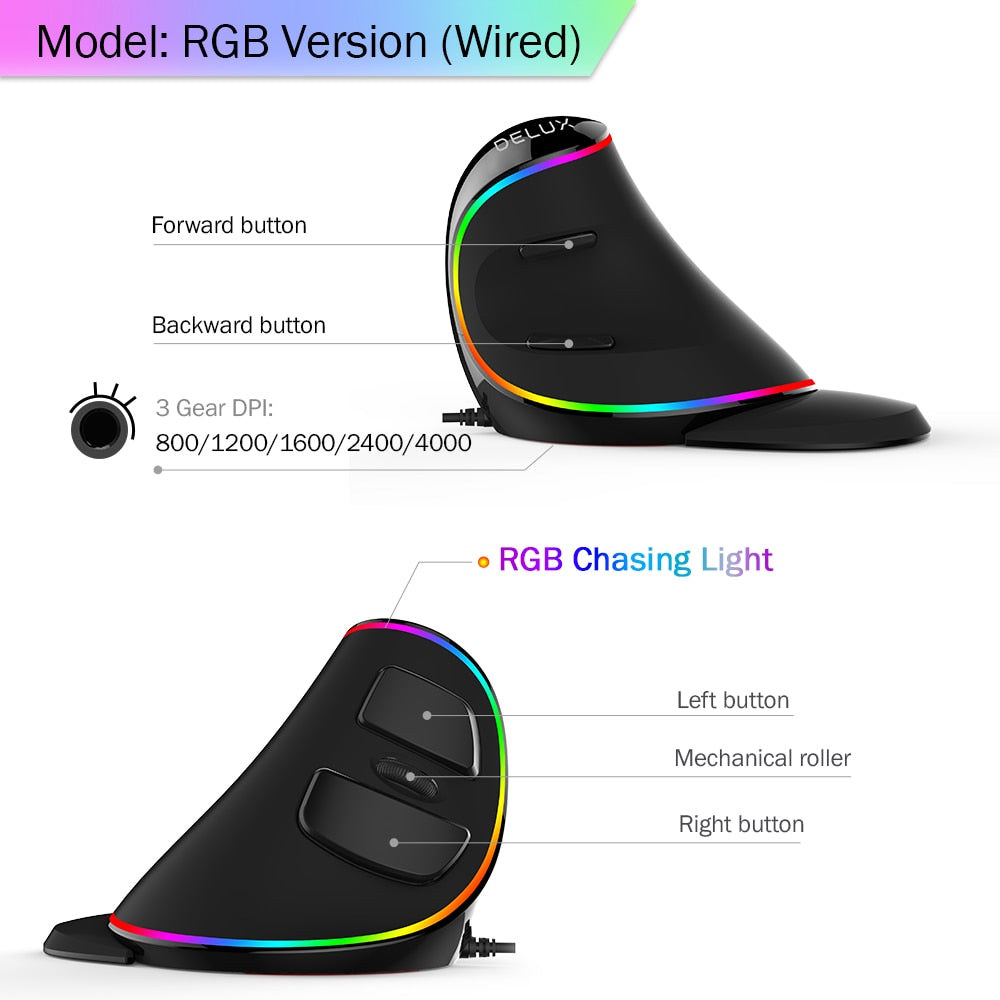 Delux M618 PLUS Ergonomic Vertical Gaming Mouse: 6 Buttons, 4000 DPI, RGB, Wired/Wireless, Right Hand Mice for PC, Laptop, Computer - CALCUMART
