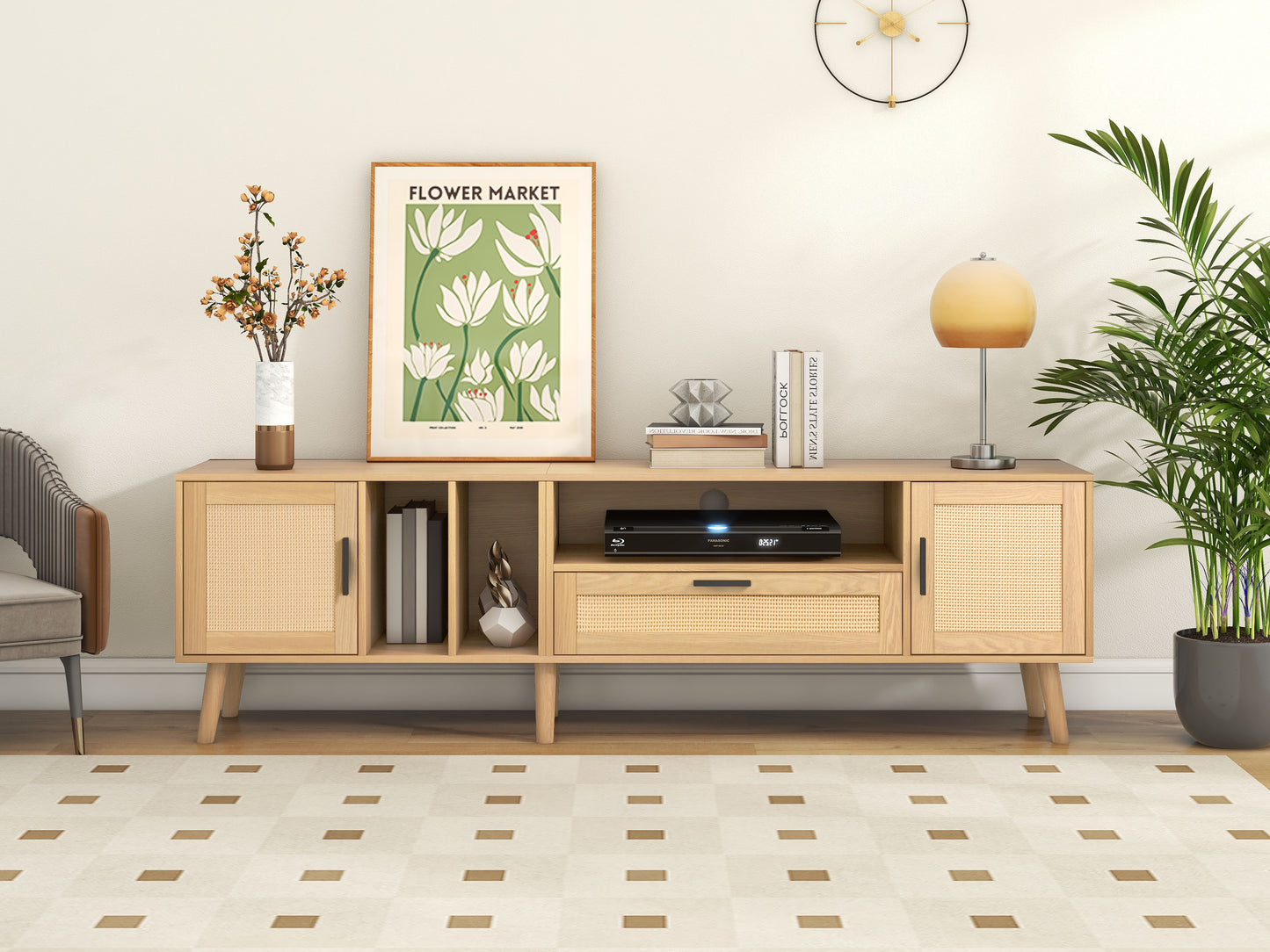 Vine TV Stand — 2 Cabinets, 2 Open Shelves, Solid Wood Legs (Up to 80" TVs) - CALCUMART