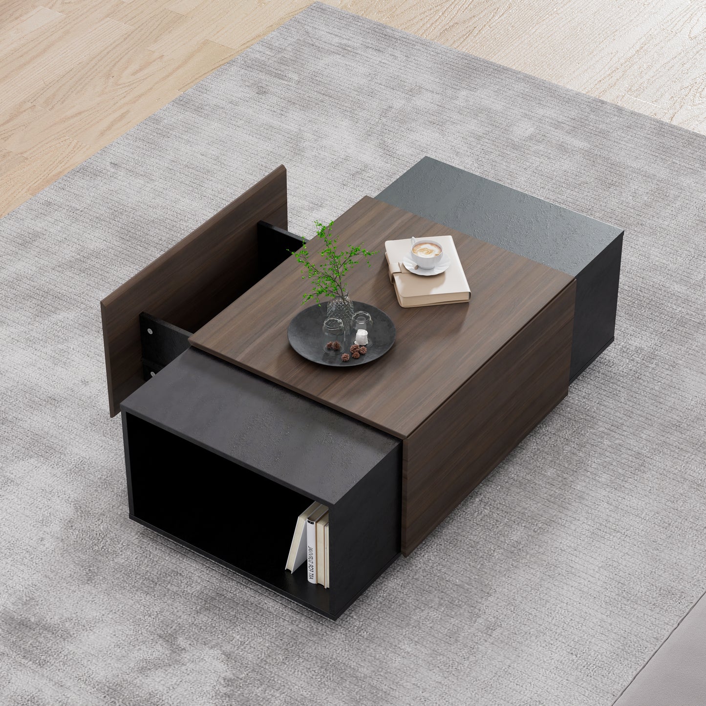 47-Inch Modern Farmhouse Drawer Coffee & Texture Black Table for Living Room or Office - CALCUMART