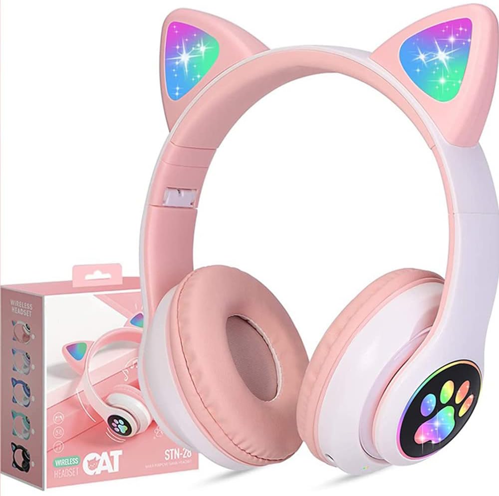 STN-28 Foldable Over Ear Music Headset with Glowing Cat Ear Headphones, Wireless BT5.0 Earphone, Mic, and LED Lights for PC and Mobile Devices - CALCUMART