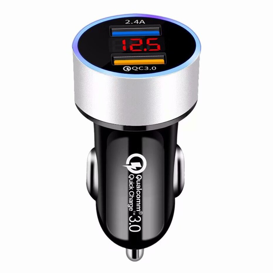 Dual USB Car Charger with LCD Display: QC3.0+2.4A Fast Charging, 12-24V, Auxiliary Power Outlet Adapter - CALCUMART