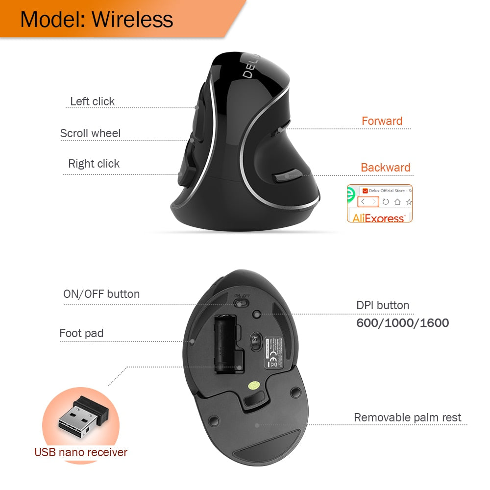 Delux M618 PLUS Ergonomic Vertical Gaming Mouse: 6 Buttons, 4000 DPI, RGB, Wired/Wireless, Right Hand Mice for PC, Laptop, Computer - CALCUMART