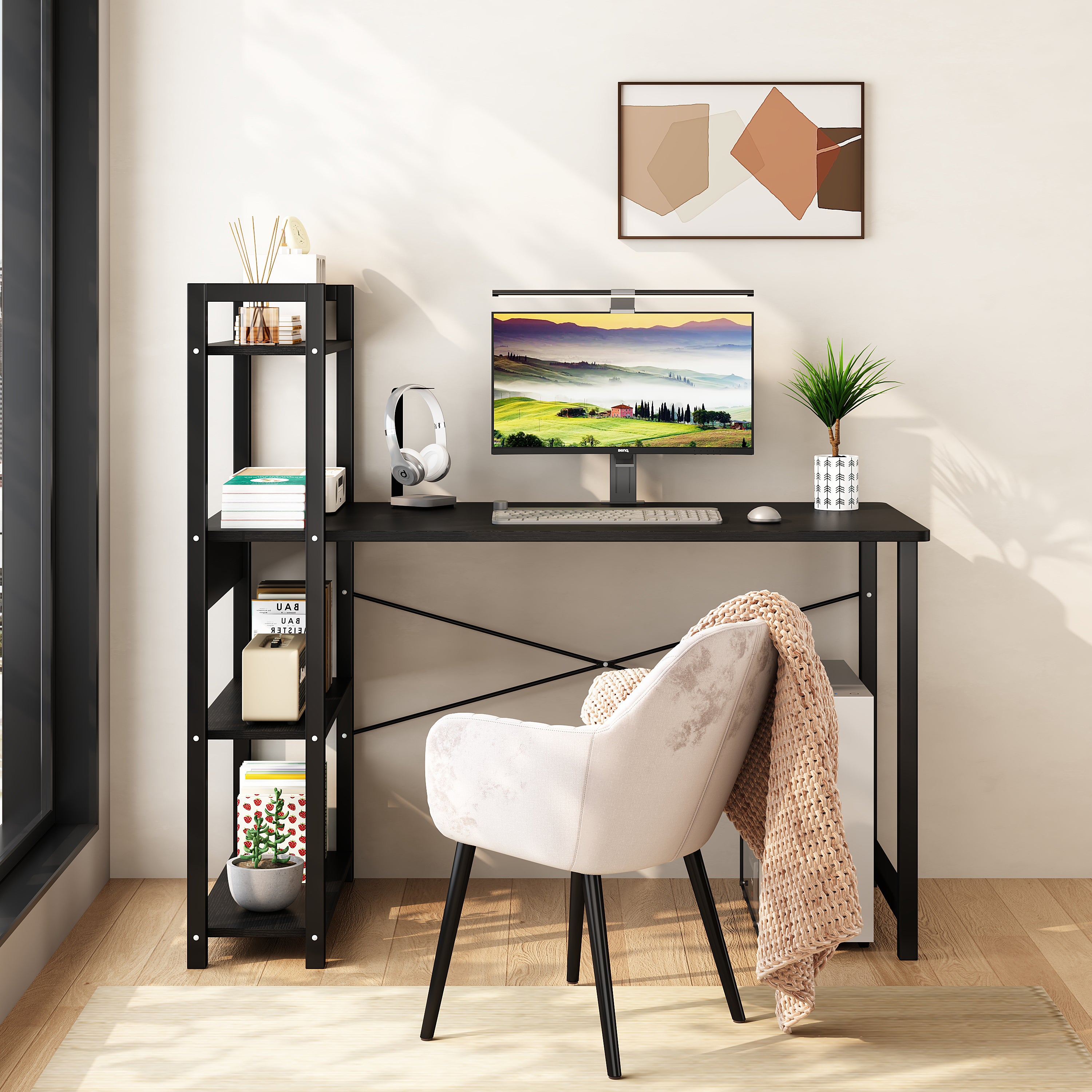 47.3" Bedroom Computer Desk w/Steel Frame – Student Desk w/4 Storage Shelves, Metal & Wood Study Table - CALCUMART