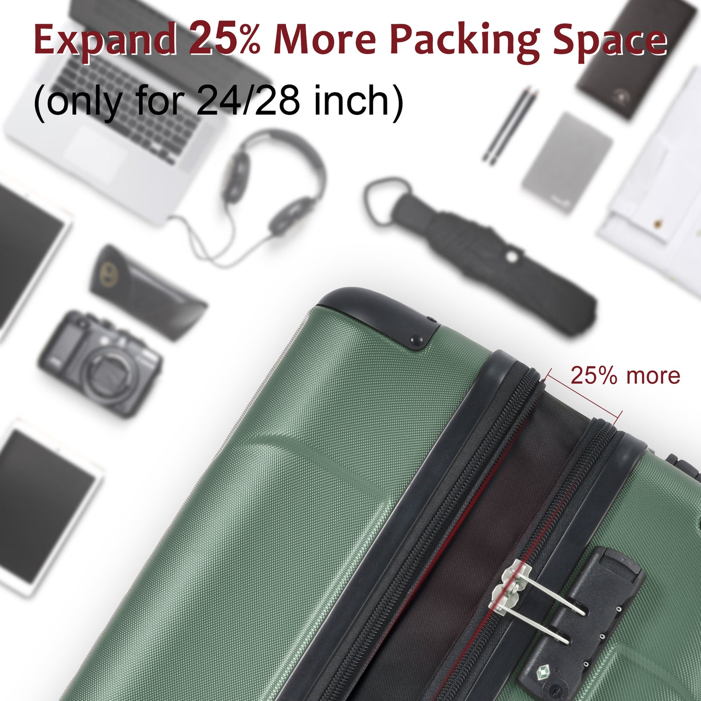 24'' Lightweight Expandable Hardshell Spinner Suitcase, ABS, Green, w/TSA Lock (Single Luggage) - CALCUMART