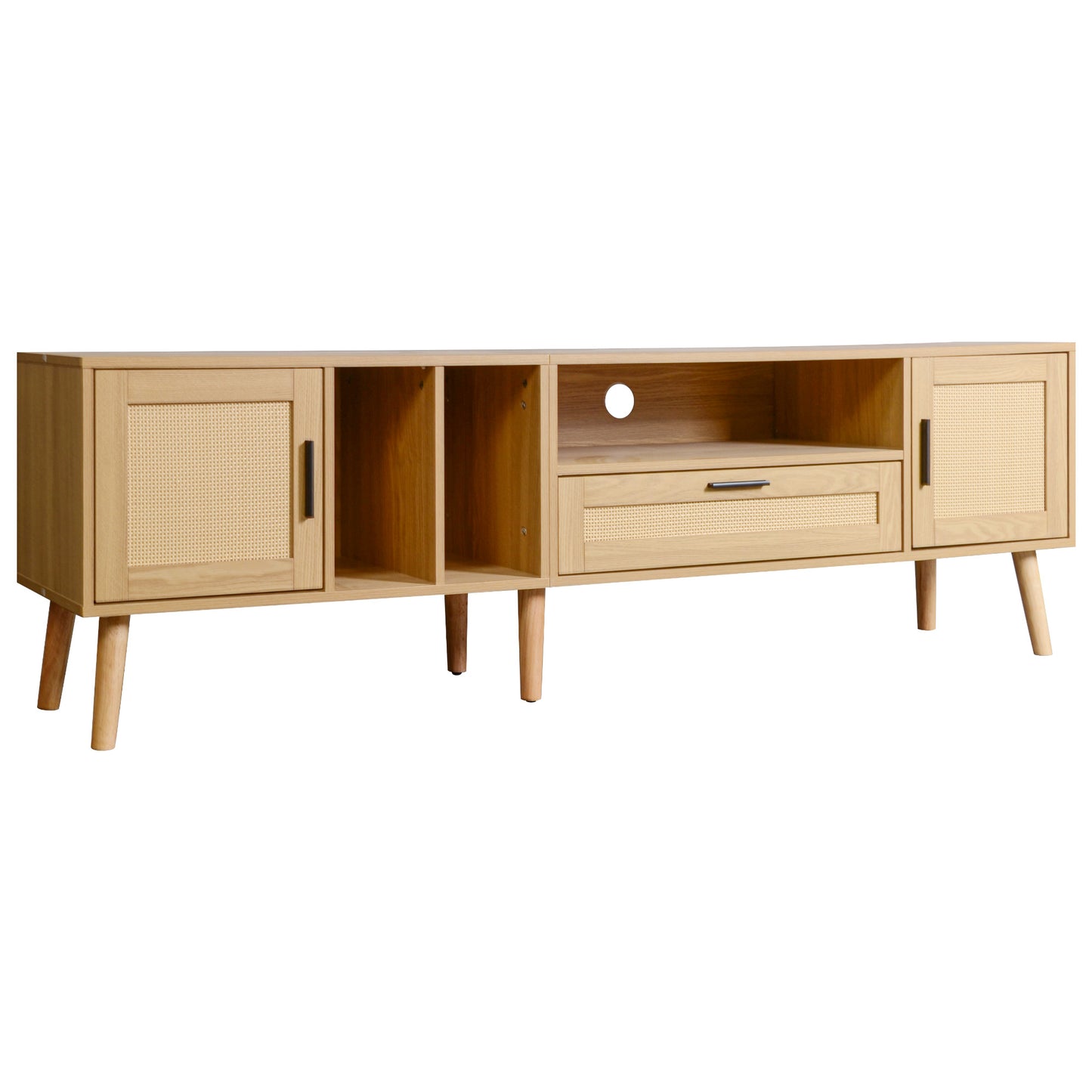 Vine TV Stand — 2 Cabinets, 2 Open Shelves, Solid Wood Legs (Up to 80" TVs) - CALCUMART