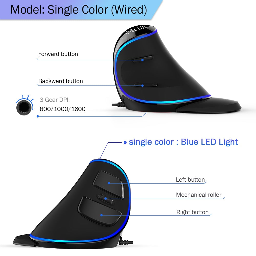 Delux M618 PLUS Ergonomic Vertical Gaming Mouse: 6 Buttons, 4000 DPI, RGB, Wired/Wireless, Right Hand Mice for PC, Laptop, Computer - CALCUMART