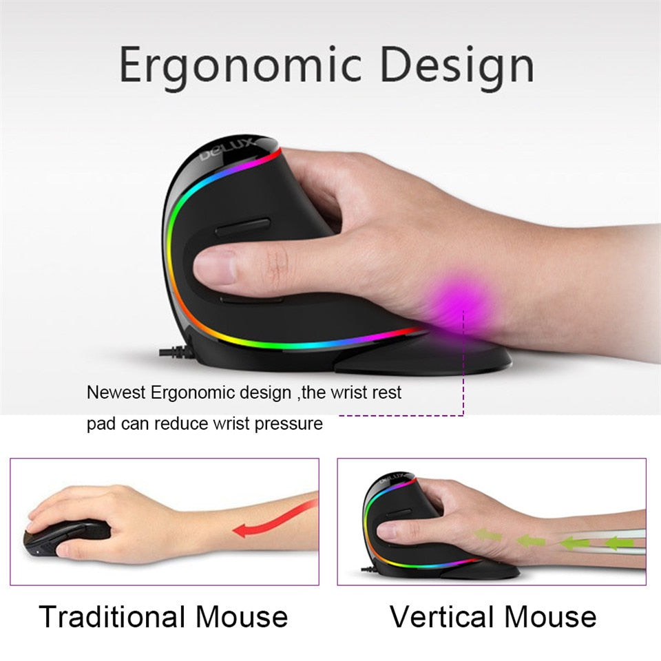 Delux M618 PLUS Ergonomic Vertical Gaming Mouse: 6 Buttons, 4000 DPI, RGB, Wired/Wireless, Right Hand Mice for PC, Laptop, Computer - CALCUMART