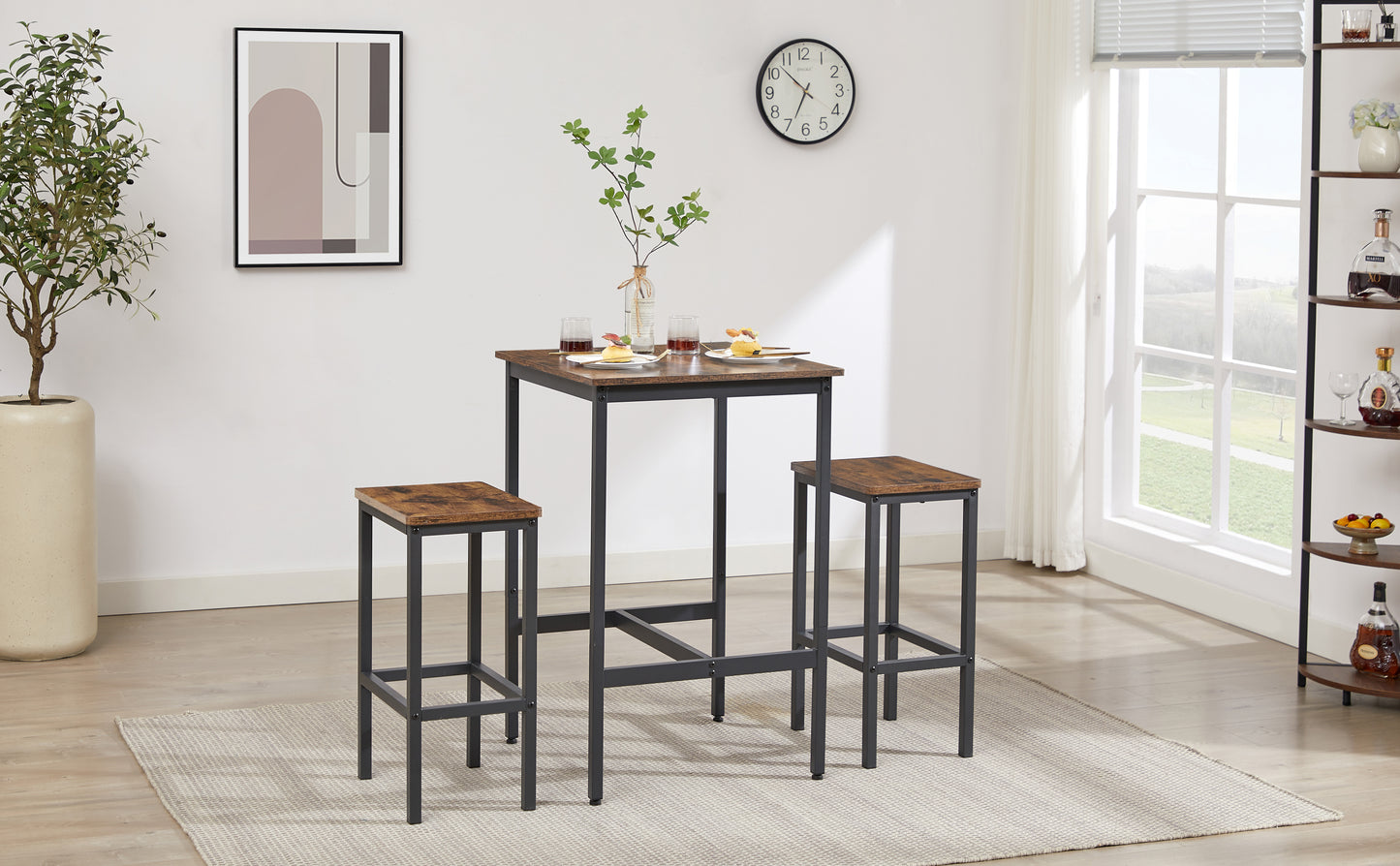 Industrial Style 3-Piece Bar Table Set, Rustic Brown and Black - CALCUMART