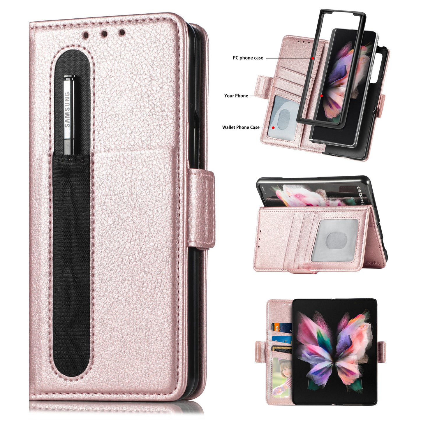 Faux Leather Case with Folding Screen, Pen Slot, and Multi-Card Cover for Samsung Galaxy Z Fold3 - CALCUMART