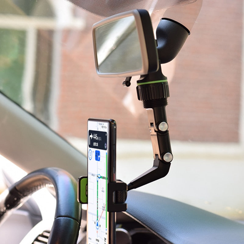 Car Cell Phone Holder - Multifunctional, 360 Degree Rotatable, Rearview Mirror Seat Hanging Clip, Adjustable Width, Self-Hiding Design - CALCUMART