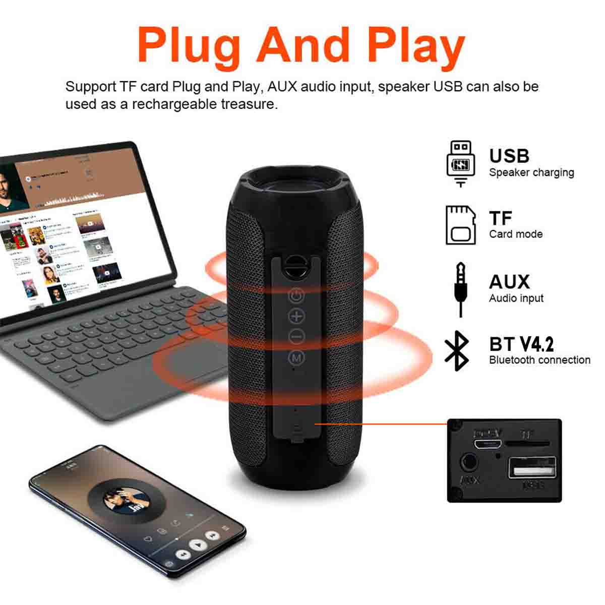 T&G Portable Wireless Bluetooth Speaker - 3D Stereo Sound System w/TF, AUX, & USB Inputs - CALCUMART