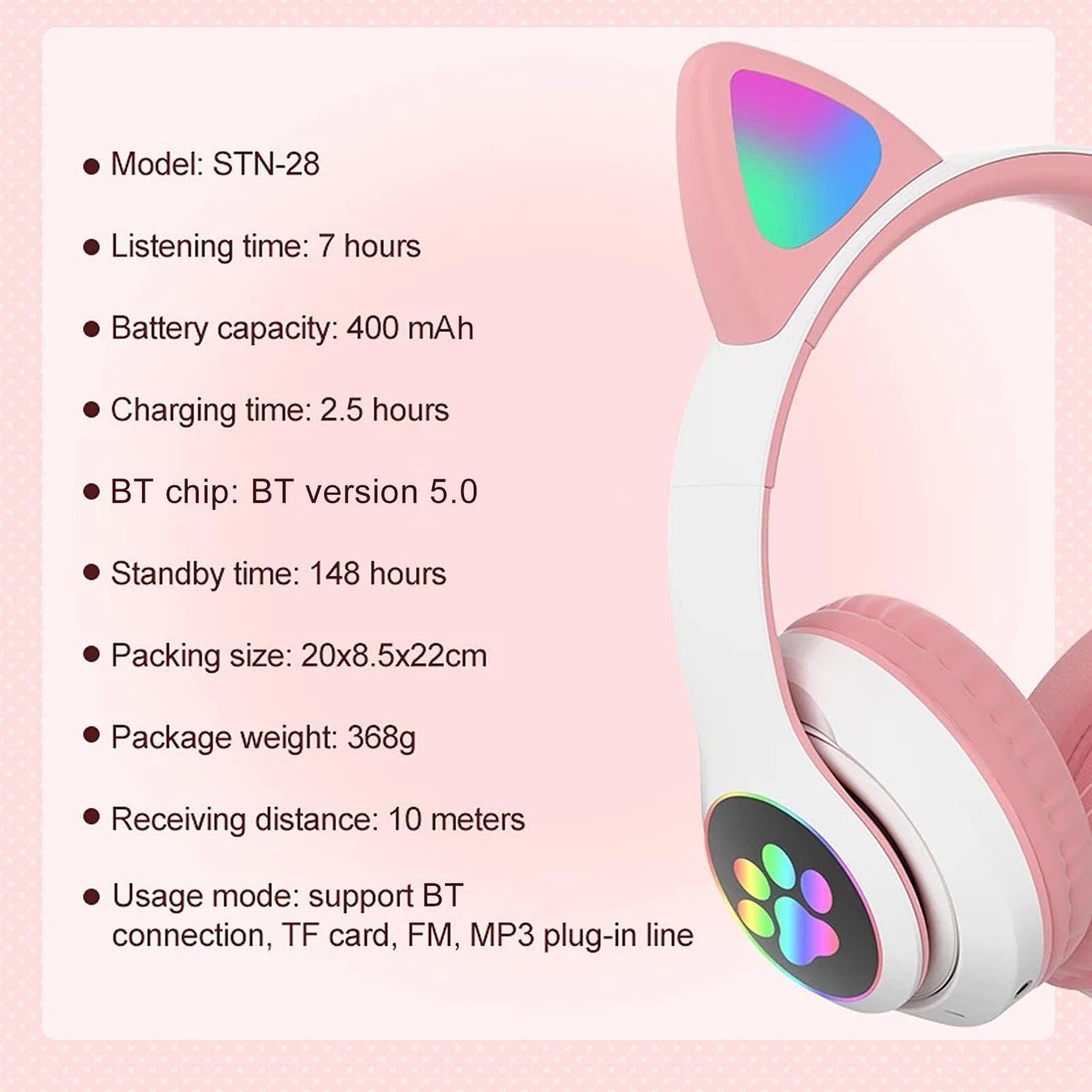 STN-28 Foldable Over Ear Music Headset with Glowing Cat Ear Headphones, Wireless BT5.0 Earphone, Mic, and LED Lights for PC and Mobile Devices - CALCUMART