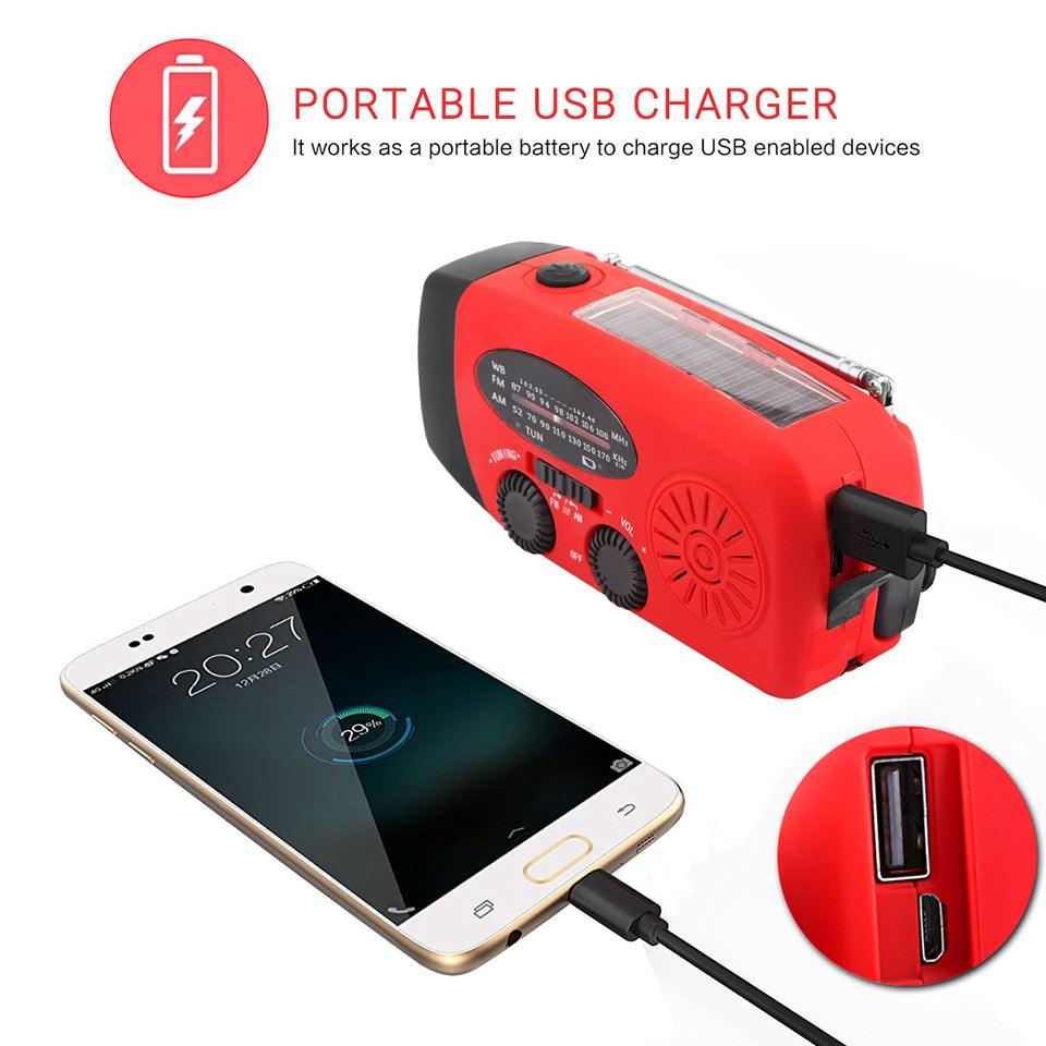 Waterproof Portable Solar Radio with Hand Crank, Phone Charger, 3 LED Flashlight, AM/FM/WB Radio, and Emergency Survival Features - CALCUMART