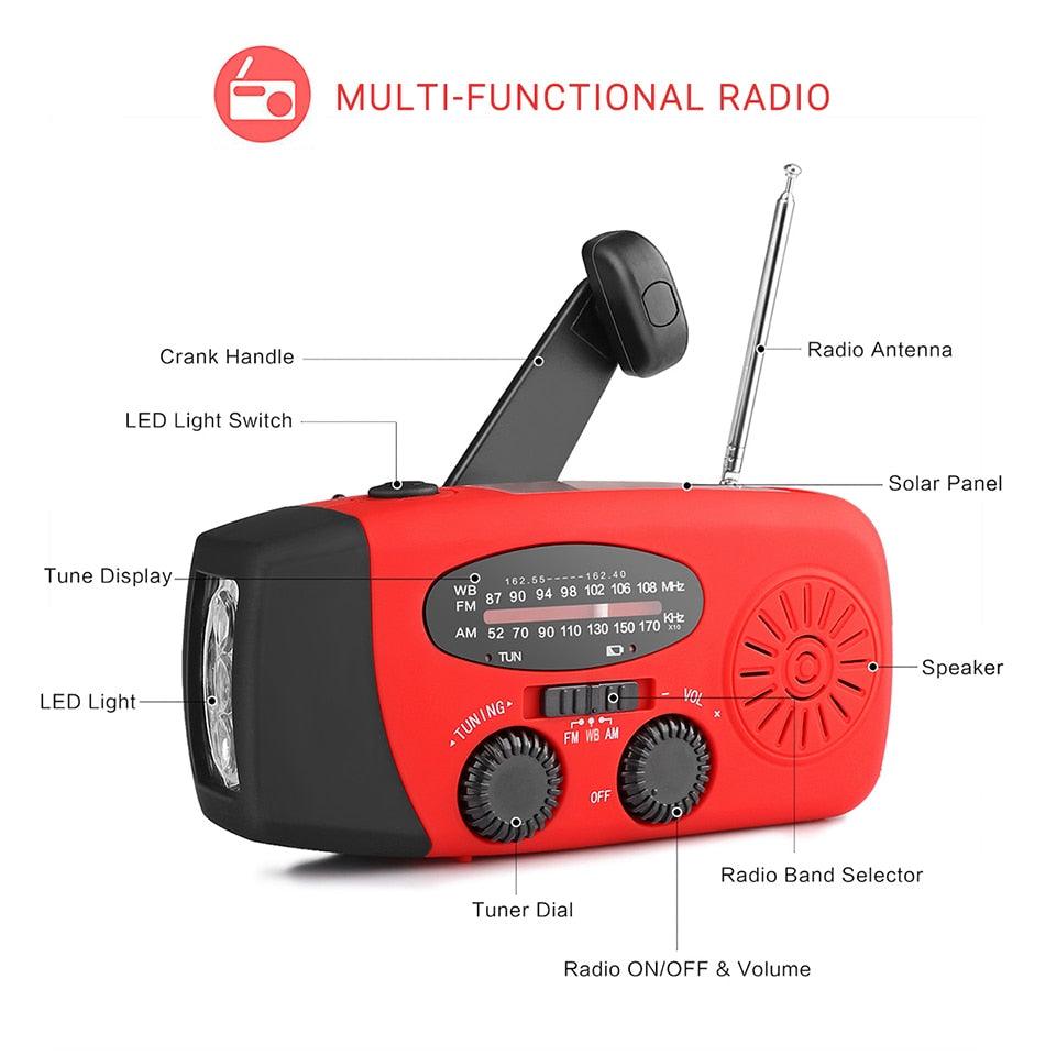 Waterproof Portable Solar Radio with Hand Crank, Phone Charger, 3 LED Flashlight, AM/FM/WB Radio, and Emergency Survival Features - CALCUMART