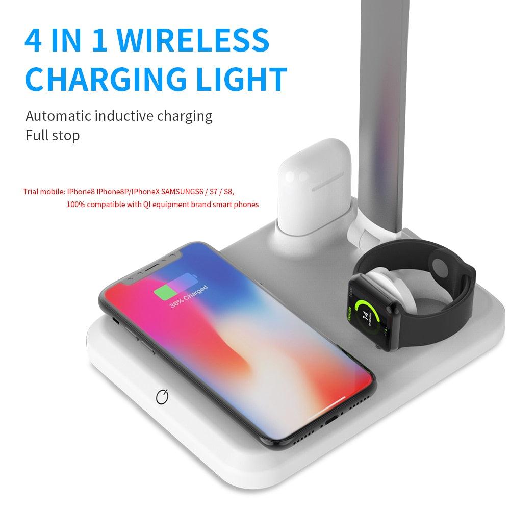 Light Charger Desk Lamp: LED 4-in-1 Wireless Charging for Mobile Phone, Watch, and Earphones - CALCUMART