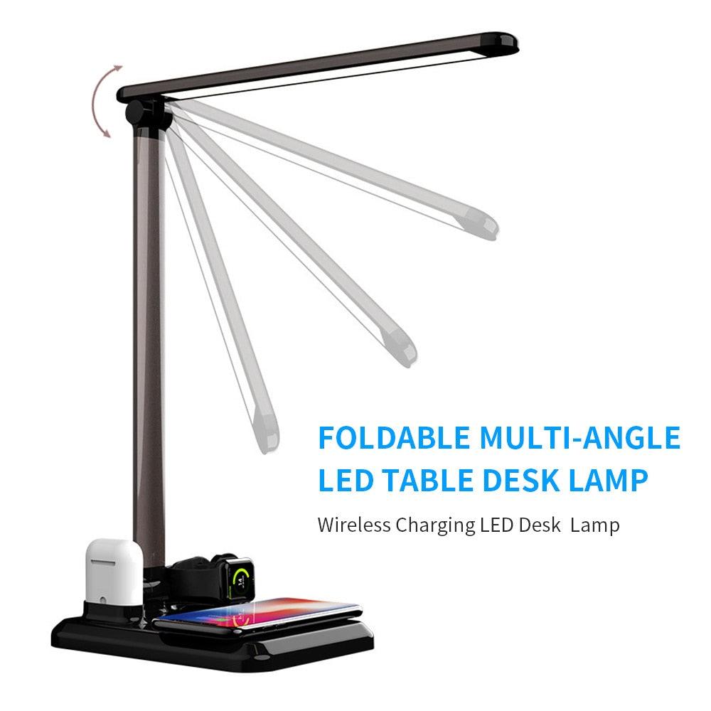 Light Charger Desk Lamp: LED 4-in-1 Wireless Charging for Mobile Phone, Watch, and Earphones - CALCUMART