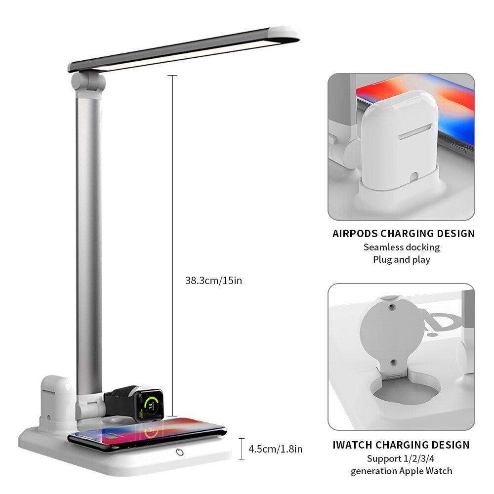 Light Charger Desk Lamp: LED 4-in-1 Wireless Charging for Mobile Phone, Watch, and Earphones - CALCUMART