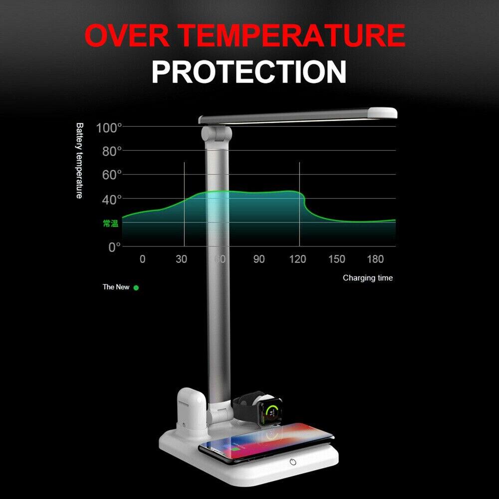 Light Charger Desk Lamp: LED 4-in-1 Wireless Charging for Mobile Phone, Watch, and Earphones - CALCUMART