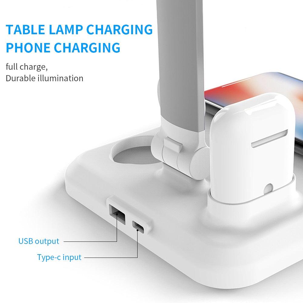Light Charger Desk Lamp: LED 4-in-1 Wireless Charging for Mobile Phone, Watch, and Earphones - CALCUMART