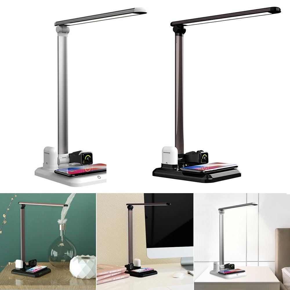 Light Charger Desk Lamp: LED 4-in-1 Wireless Charging for Mobile Phone, Watch, and Earphones - CALCUMART