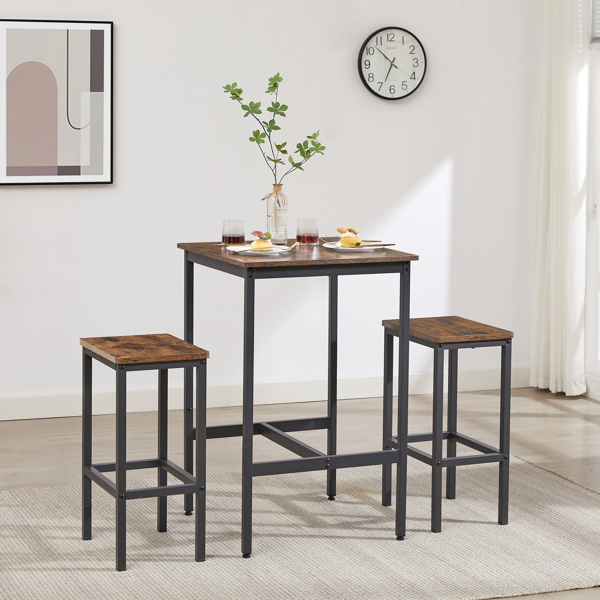 Industrial Style 3-Piece Bar Table Set, Rustic Brown and Black - CALCUMART