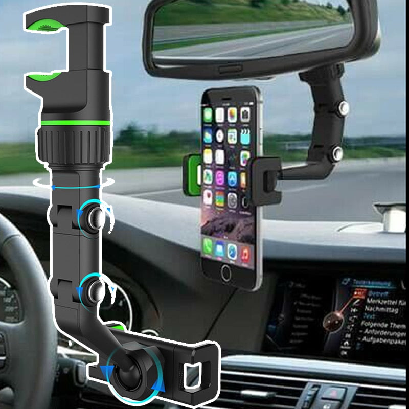 Car Cell Phone Holder - Multifunctional, 360 Degree Rotatable, Rearview Mirror Seat Hanging Clip, Adjustable Width, Self-Hiding Design - CALCUMART