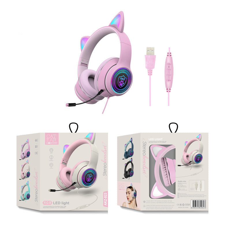 AKZ-023 RGB Luminous Cat Ear Wired Headset with USB Sound Card - Gaming and Learning Headset - CALCUMART