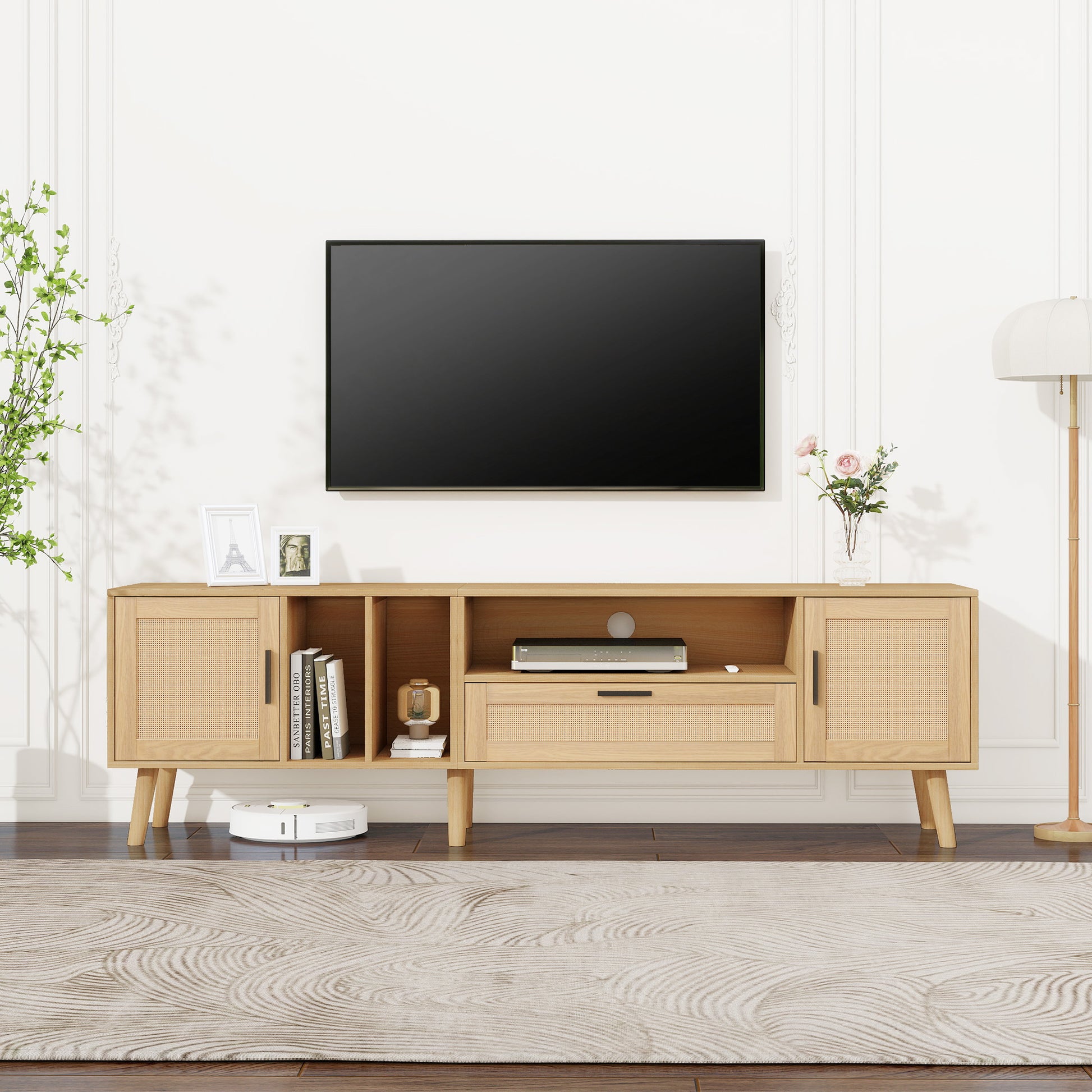 Vine TV Stand — 2 Cabinets, 2 Open Shelves, Solid Wood Legs (Up to 80" TVs) - CALCUMART