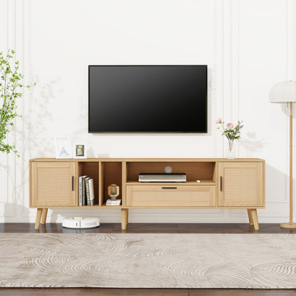 Vine TV Stand — 2 Cabinets, 2 Open Shelves, Solid Wood Legs (Up to 80" TVs) - CALCUMART
