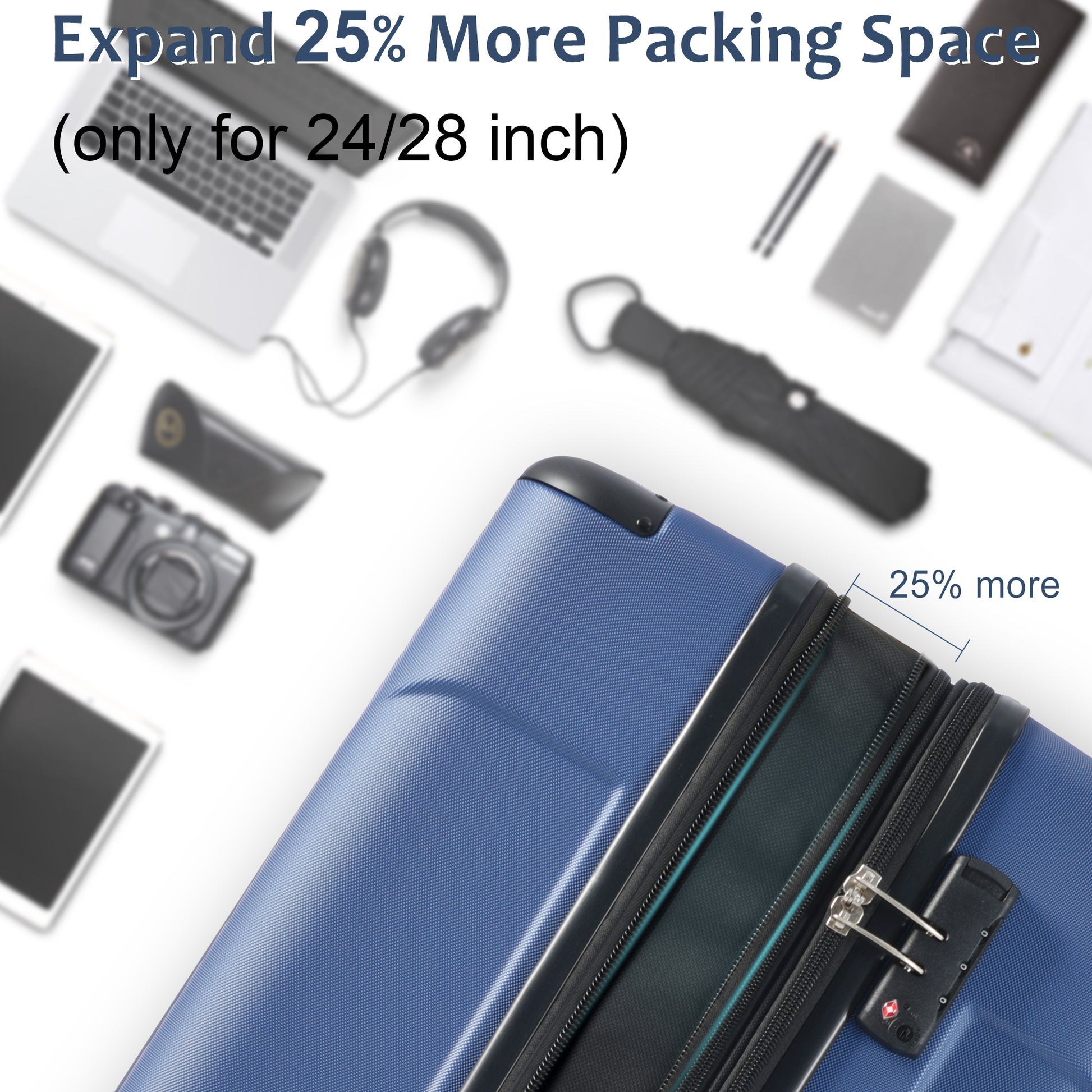 24'' Lightweight Expandable Hardshell Spinner Suitcase, ABS, Blue, w/TSA Lock (Single Luggage) - CALCUMART