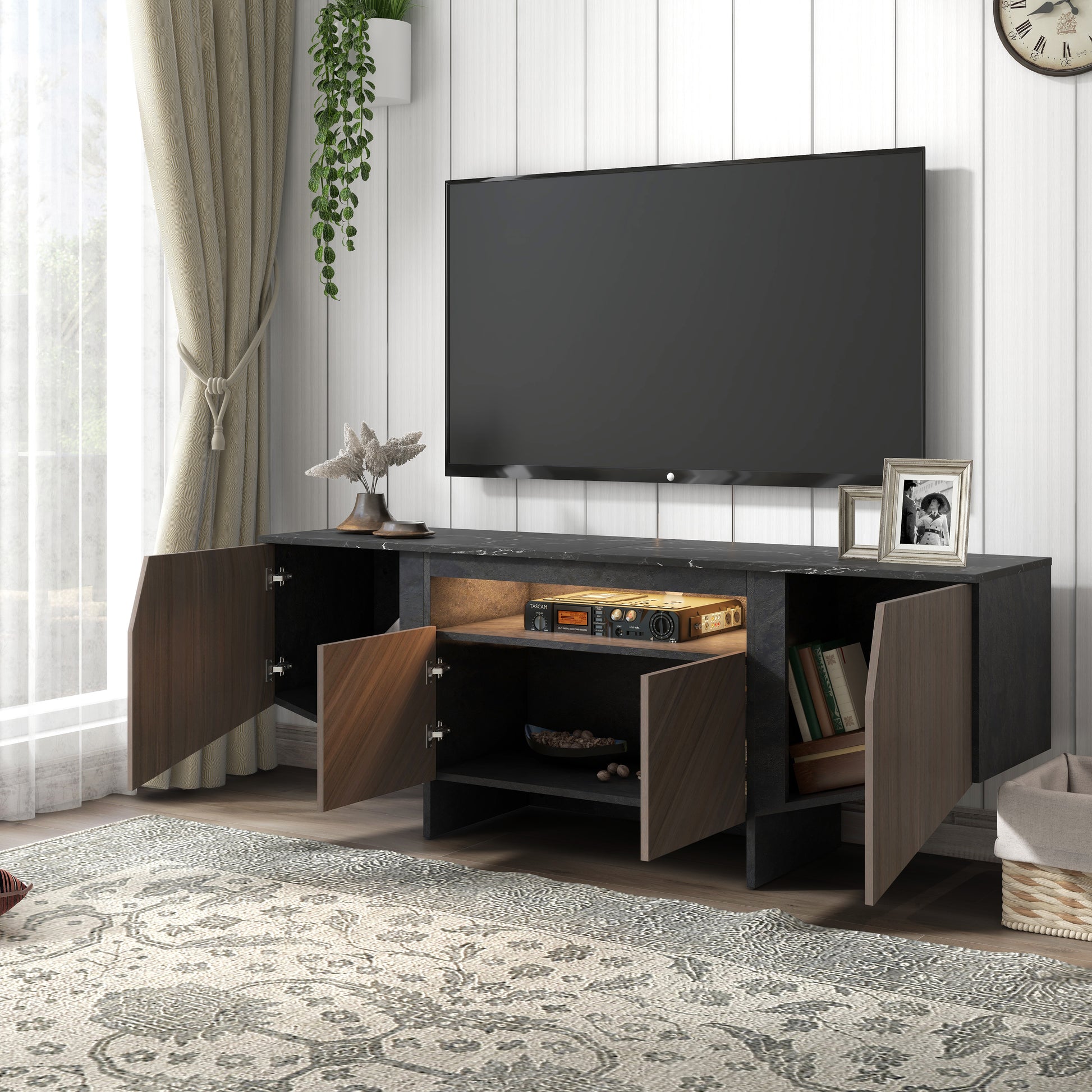 63-Inch TV Stand with LED Lights, Storage Cabinet, Shelves — Entertainment Center for Living Room & Bedroom - CALCUMART