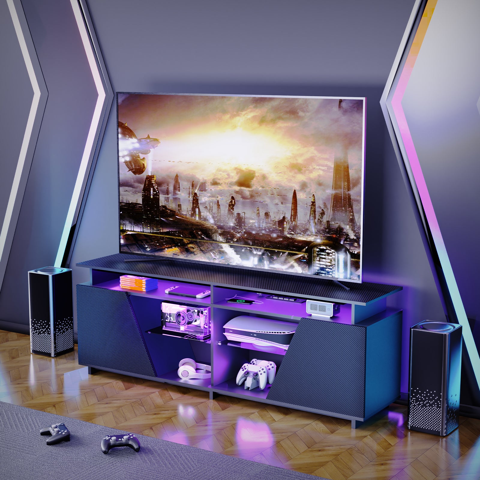 Ultimate Gaming TV Stand — LED Lights, USB Ports & Power Outlet for 75" TVs & Gaming Consoles - CALCUMART