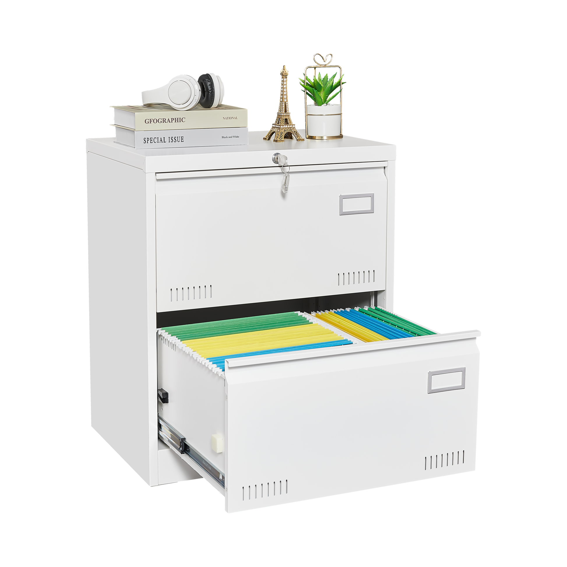White Horizontal File Cabinet w/Lock - 2 Drawer Metal Filing Cabinet for Legal Documents & Office Use - CALCUMART