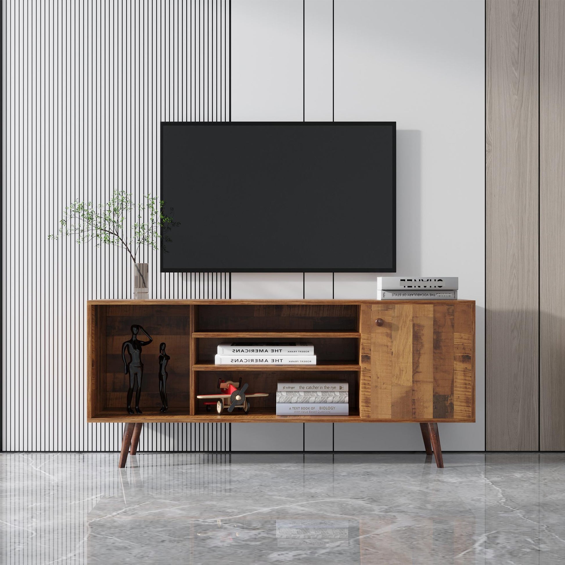 Premium TV Stand w/ High-Quality Particle Board and Fir Wood, 1 Storage Cabinet & 2 Shelves - CALCUMART