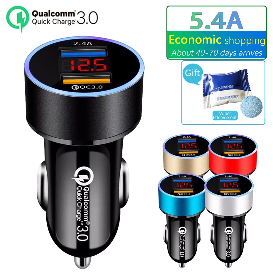 Dual USB Car Charger with LCD Display: QC3.0+2.4A Fast Charging, 12-24V, Auxiliary Power Outlet Adapter - CALCUMART