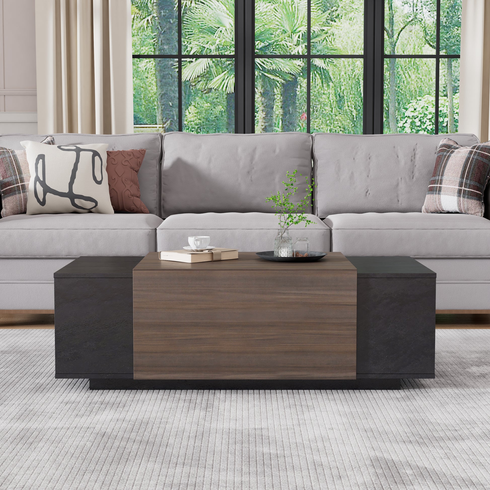 47-Inch Modern Farmhouse Drawer Coffee & Texture Black Table for Living Room or Office - CALCUMART