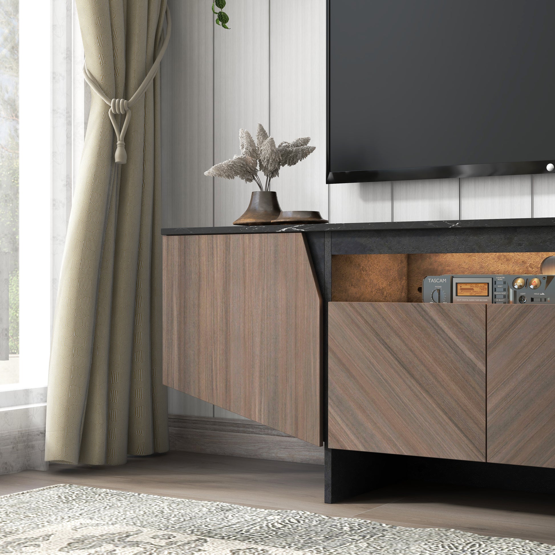 63-Inch TV Stand with LED Lights, Storage Cabinet, Shelves — Entertainment Center for Living Room & Bedroom - CALCUMART