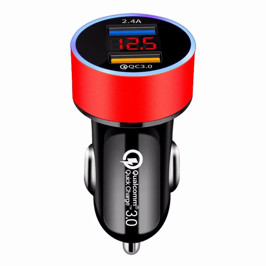 Dual USB Car Charger with LCD Display: QC3.0+2.4A Fast Charging, 12-24V, Auxiliary Power Outlet Adapter - CALCUMART