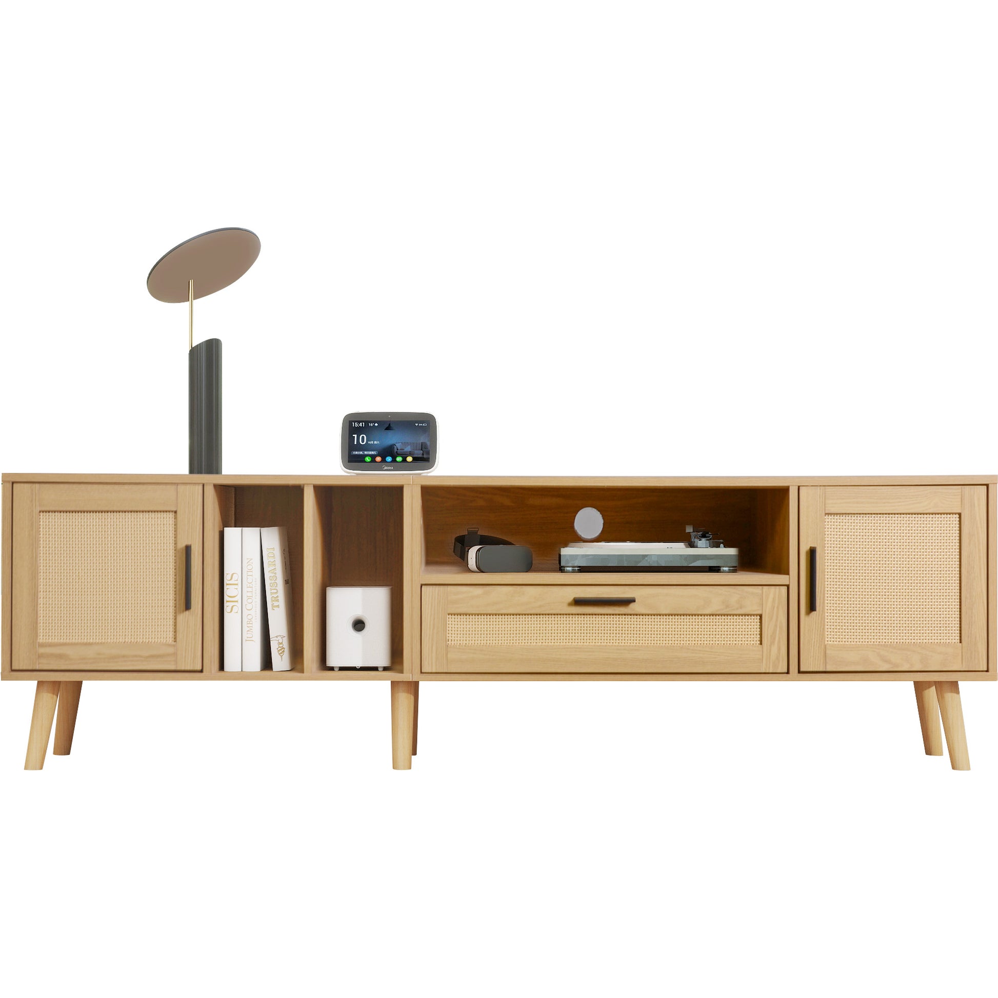 Vine TV Stand — 2 Cabinets, 2 Open Shelves, Solid Wood Legs (Up to 80" TVs) - CALCUMART