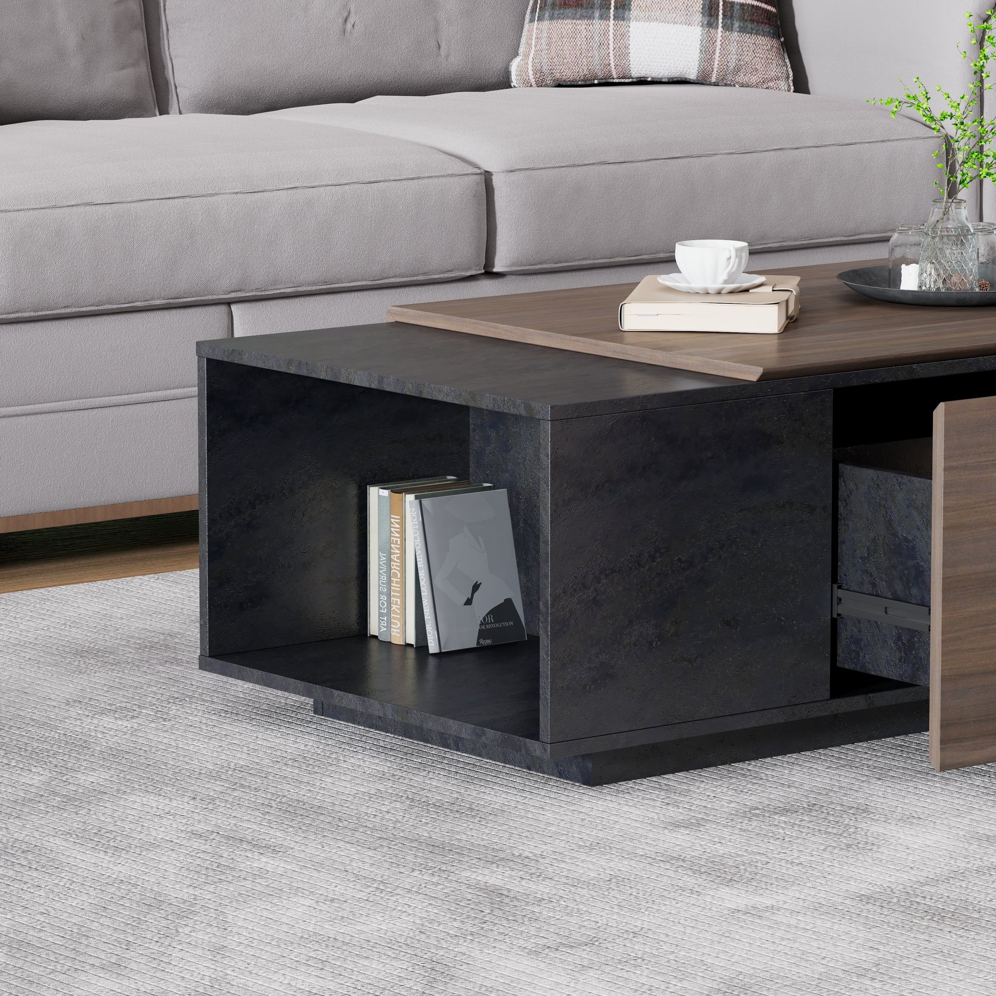 47-Inch Modern Farmhouse Drawer Coffee & Texture Black Table for Living Room or Office - CALCUMART