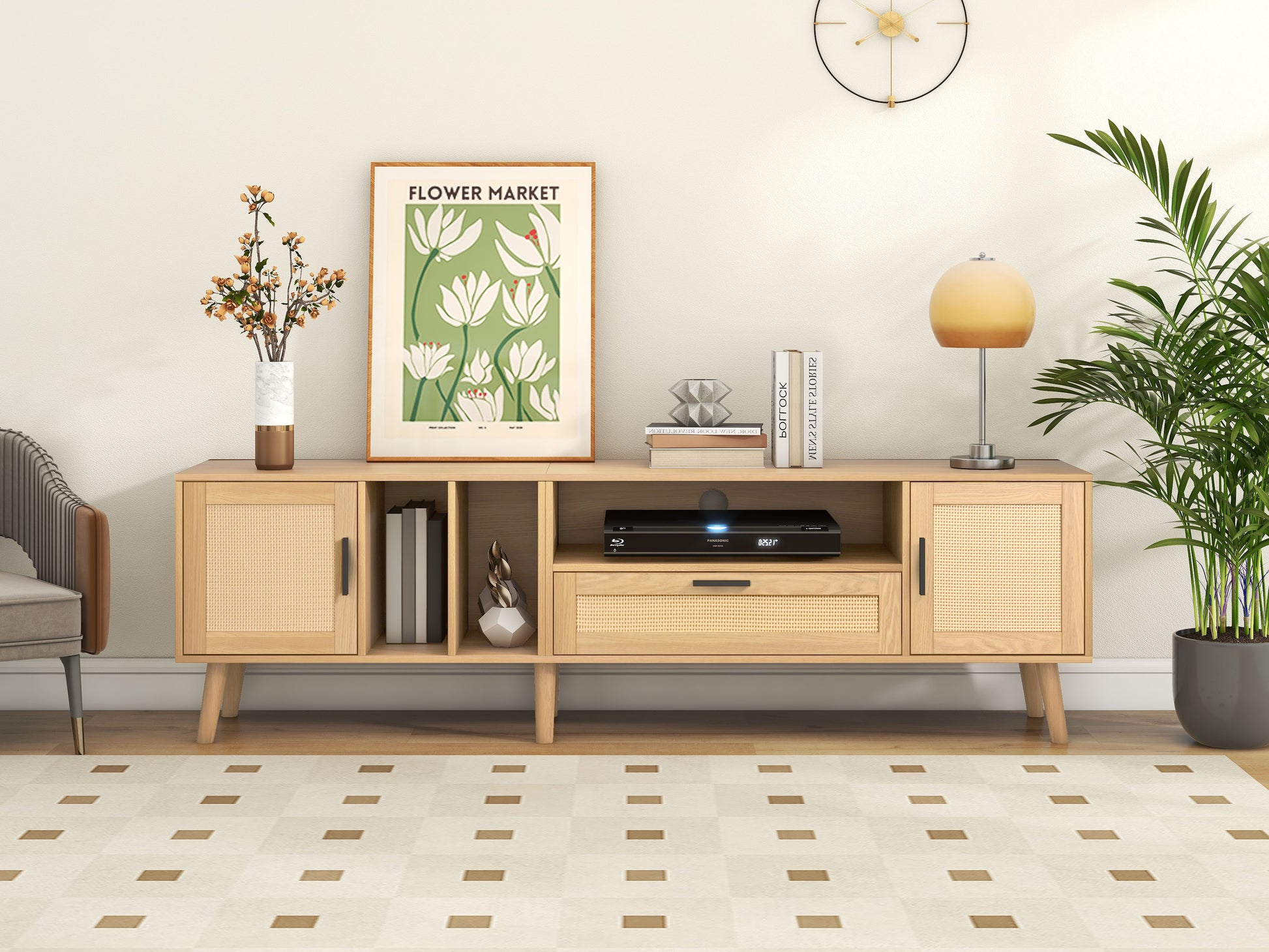 Vine TV Stand — 2 Cabinets, 2 Open Shelves, Solid Wood Legs (Up to 80" TVs) - CALCUMART