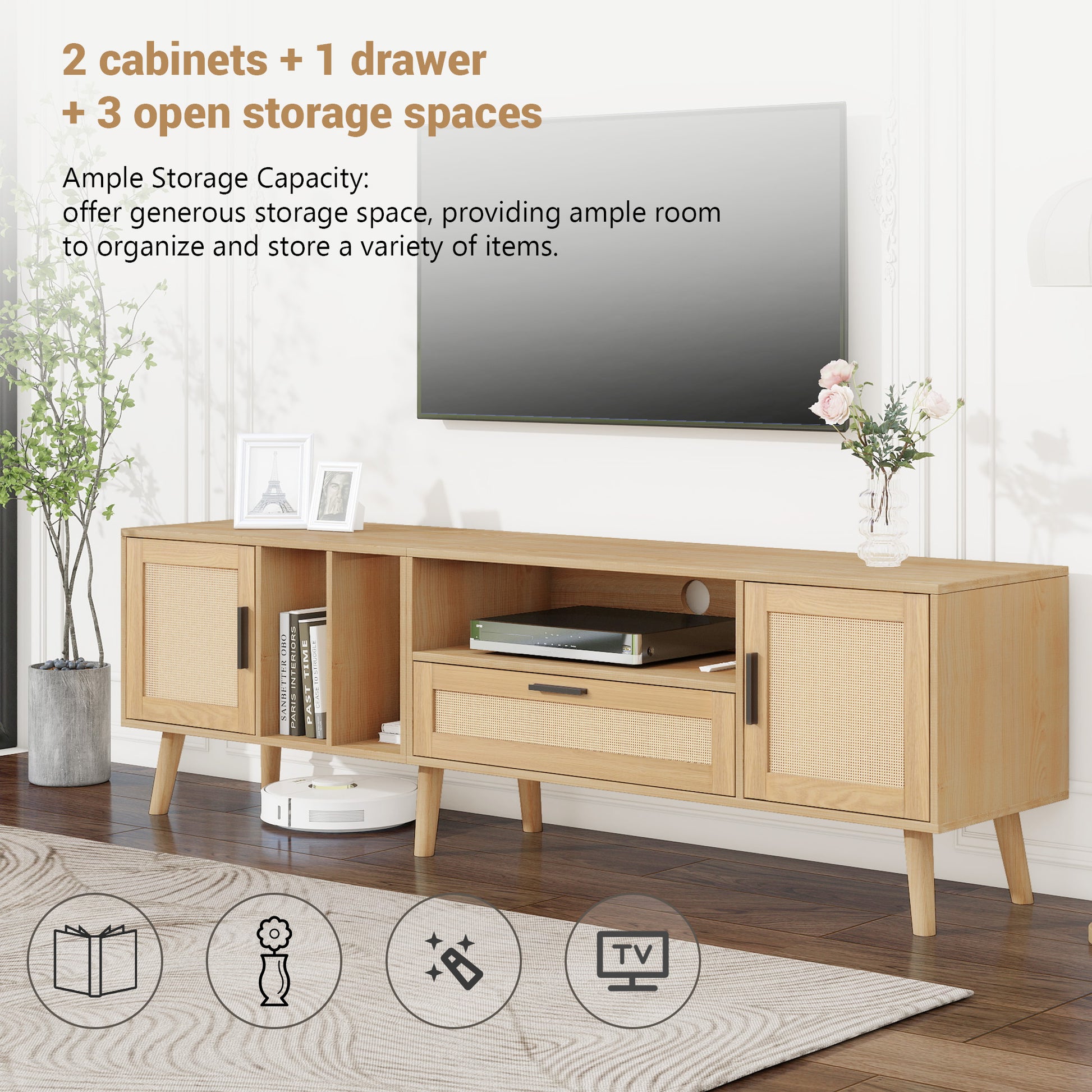 Vine TV Stand — 2 Cabinets, 2 Open Shelves, Solid Wood Legs (Up to 80" TVs) - CALCUMART