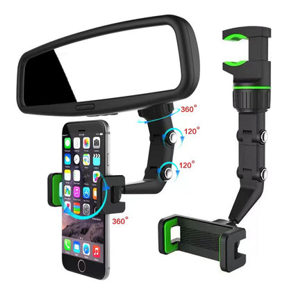 Car Cell Phone Holder - Multifunctional, 360 Degree Rotatable, Rearview Mirror Seat Hanging Clip, Adjustable Width, Self-Hiding Design - CALCUMART