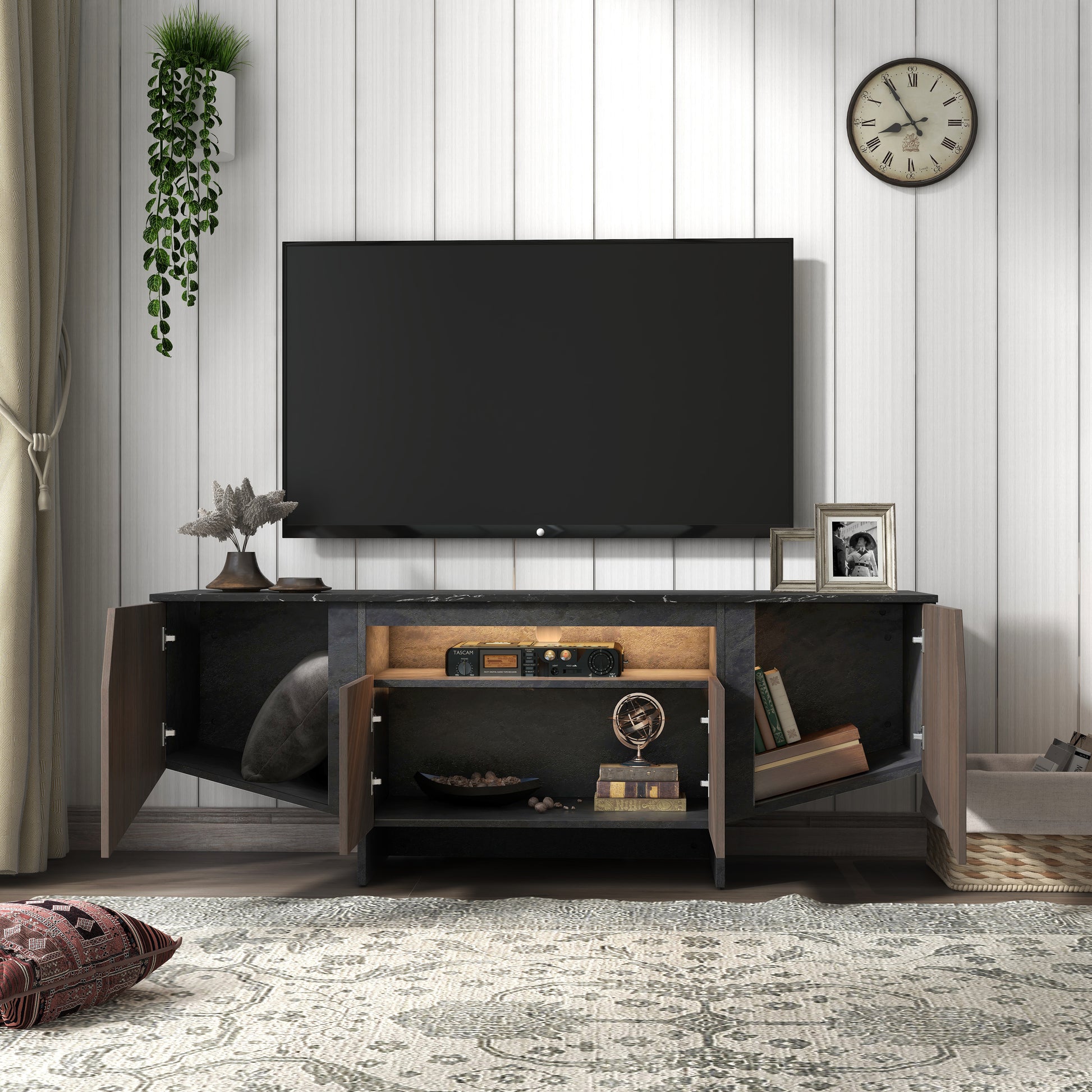 63-Inch TV Stand with LED Lights, Storage Cabinet, Shelves — Entertainment Center for Living Room & Bedroom - CALCUMART