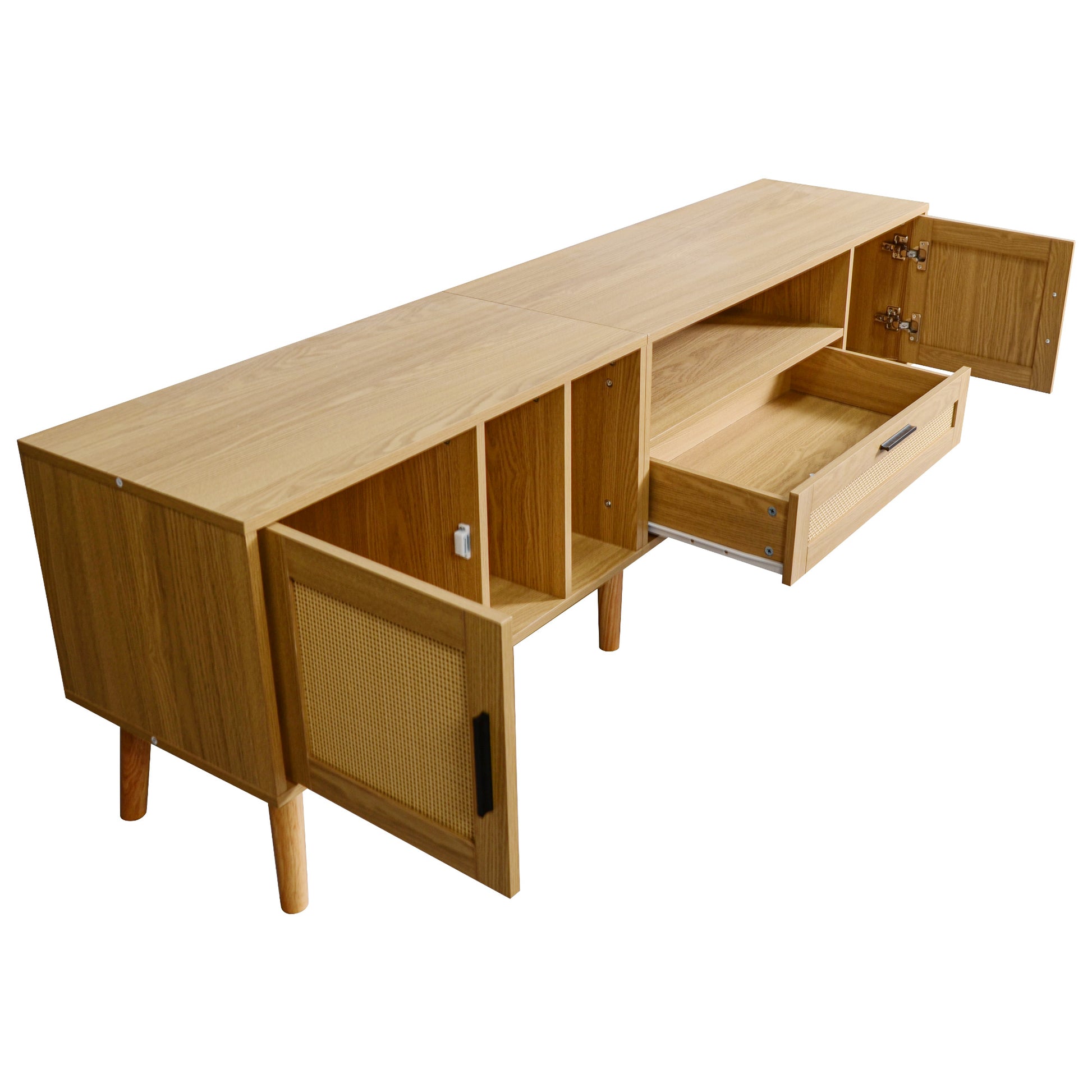 Vine TV Stand — 2 Cabinets, 2 Open Shelves, Solid Wood Legs (Up to 80" TVs) - CALCUMART