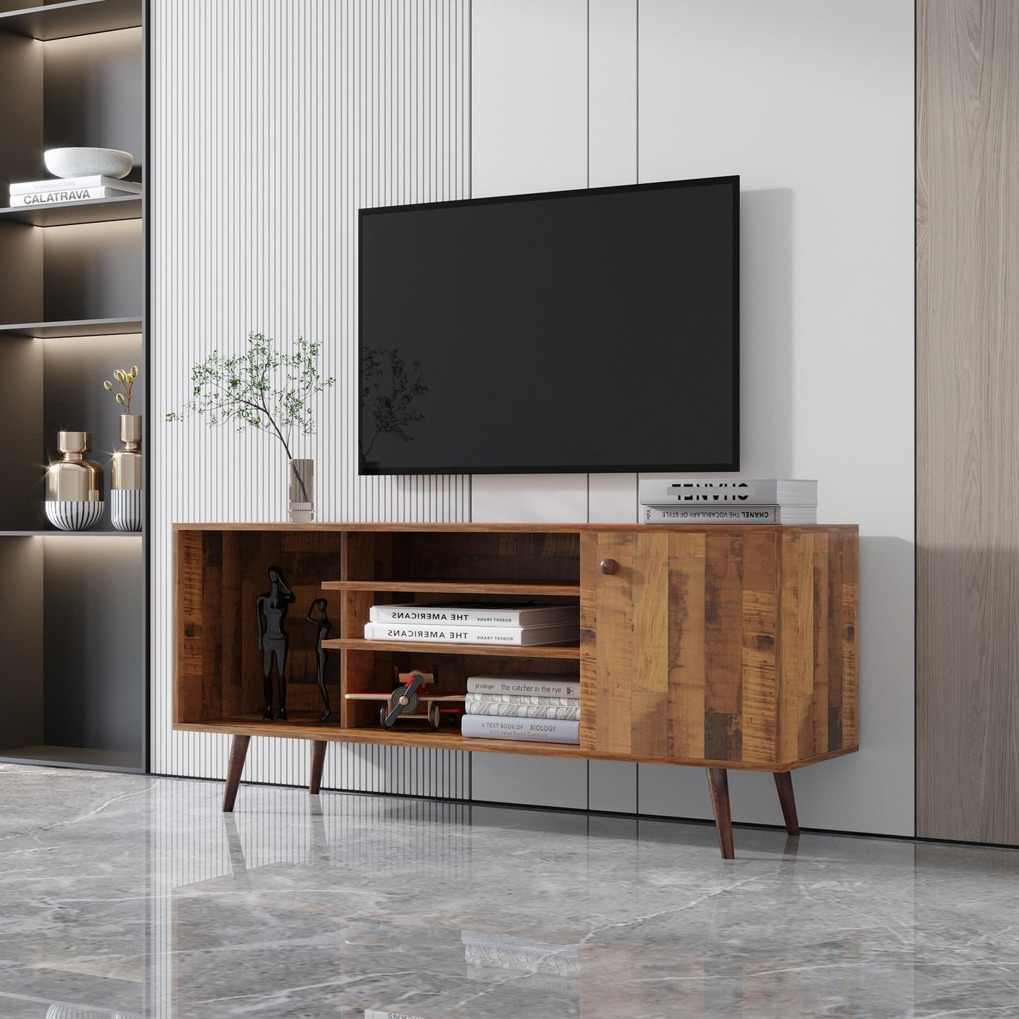 Premium TV Stand w/ High-Quality Particle Board and Fir Wood, 1 Storage Cabinet & 2 Shelves - CALCUMART