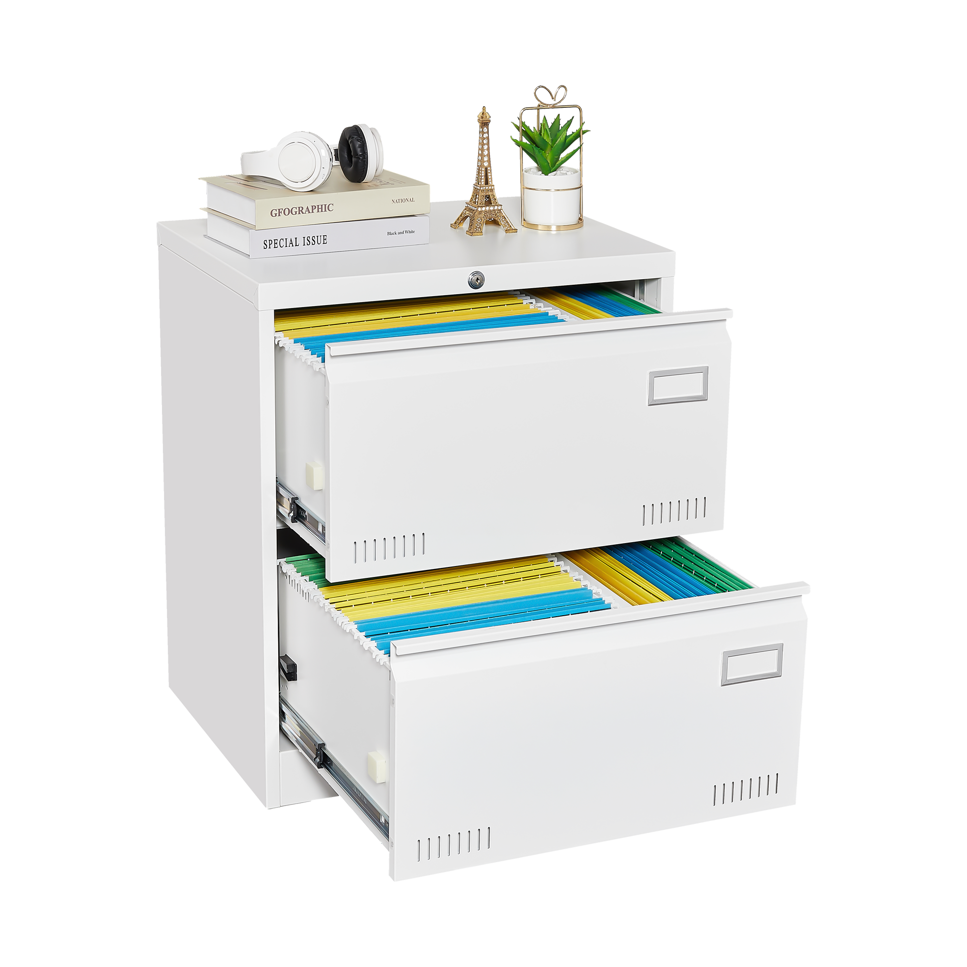 White Horizontal File Cabinet w/Lock - 2 Drawer Metal Filing Cabinet for Legal Documents & Office Use - CALCUMART