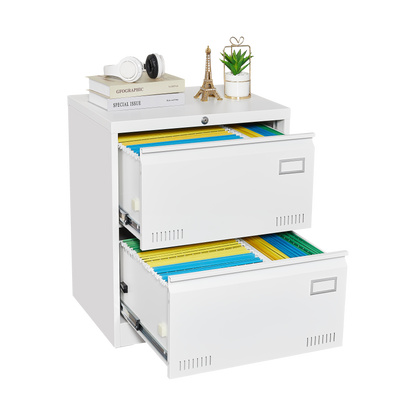White Horizontal File Cabinet w/Lock - 2 Drawer Metal Filing Cabinet for Legal Documents & Office Use - CALCUMART