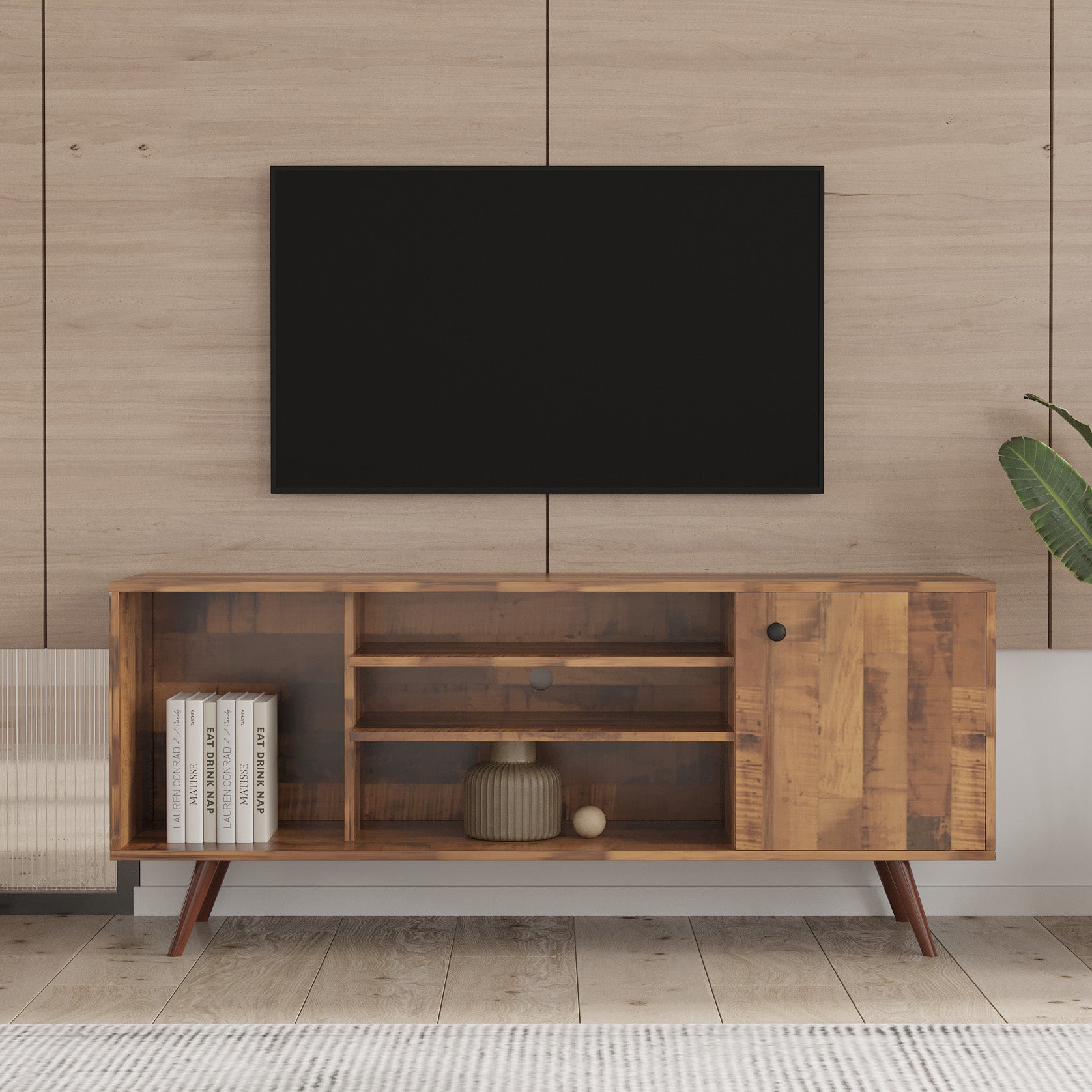 Premium TV Stand w/ High-Quality Particle Board and Fir Wood, 1 Storage Cabinet & 2 Shelves - CALCUMART
