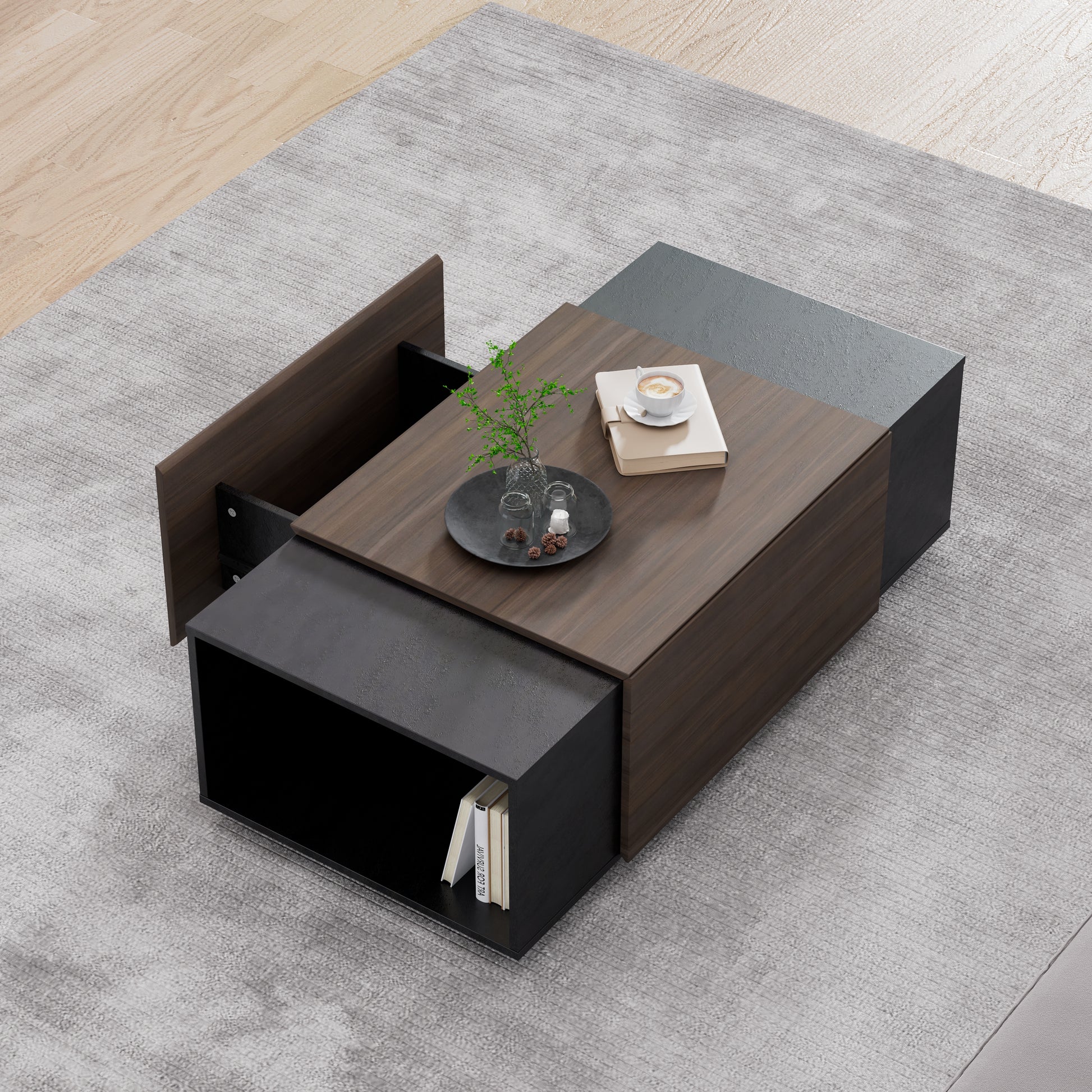 47-Inch Modern Farmhouse Drawer Coffee & Texture Black Table for Living Room or Office - CALCUMART